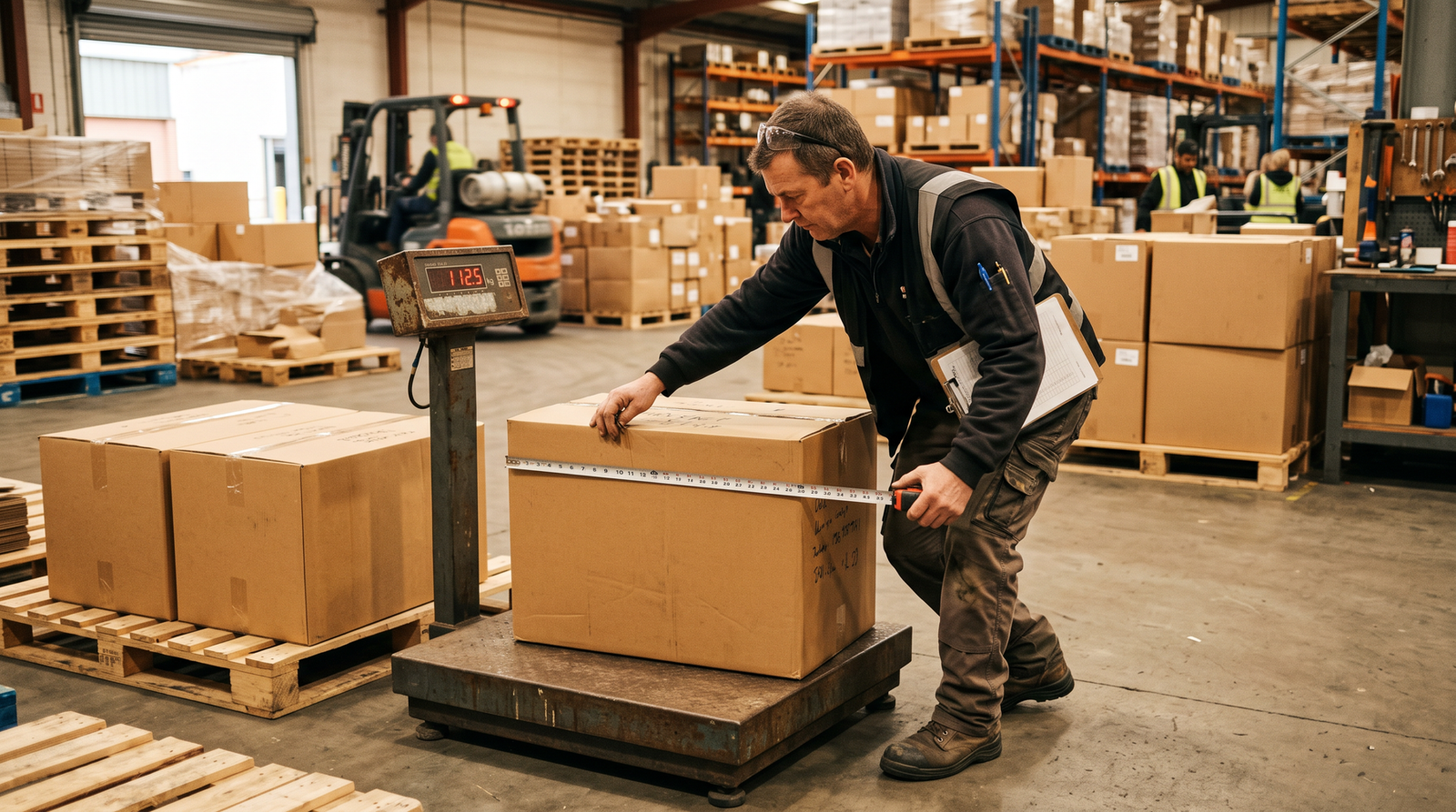 A warehouse worker measuring a shipping box beside a pallet scale