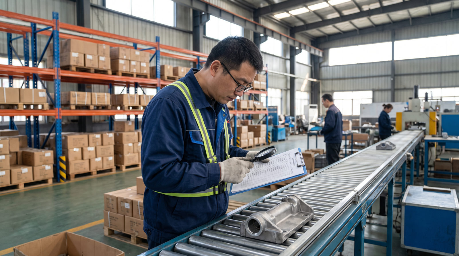 Quality control inspector checking manufactured goods on a factory production line