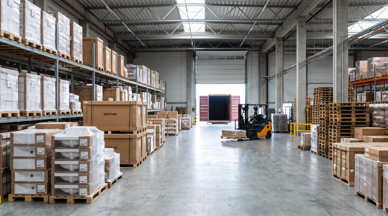 Warehouse with palletized ceramic washbasins and boxed bathtubs ready for export shipping